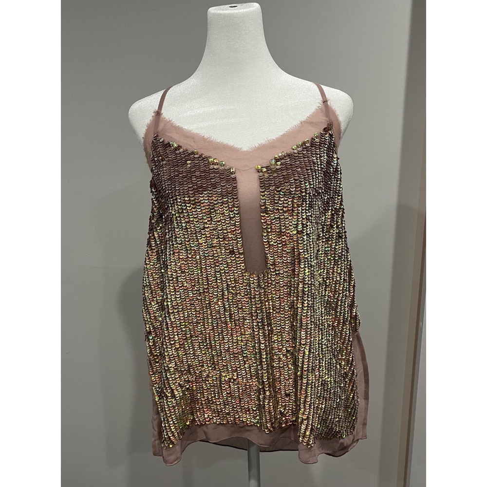 Sparkling ASOS‎ Sequin Cami Top Pink Mauve V Neck Spaghetti Strap Women size 8